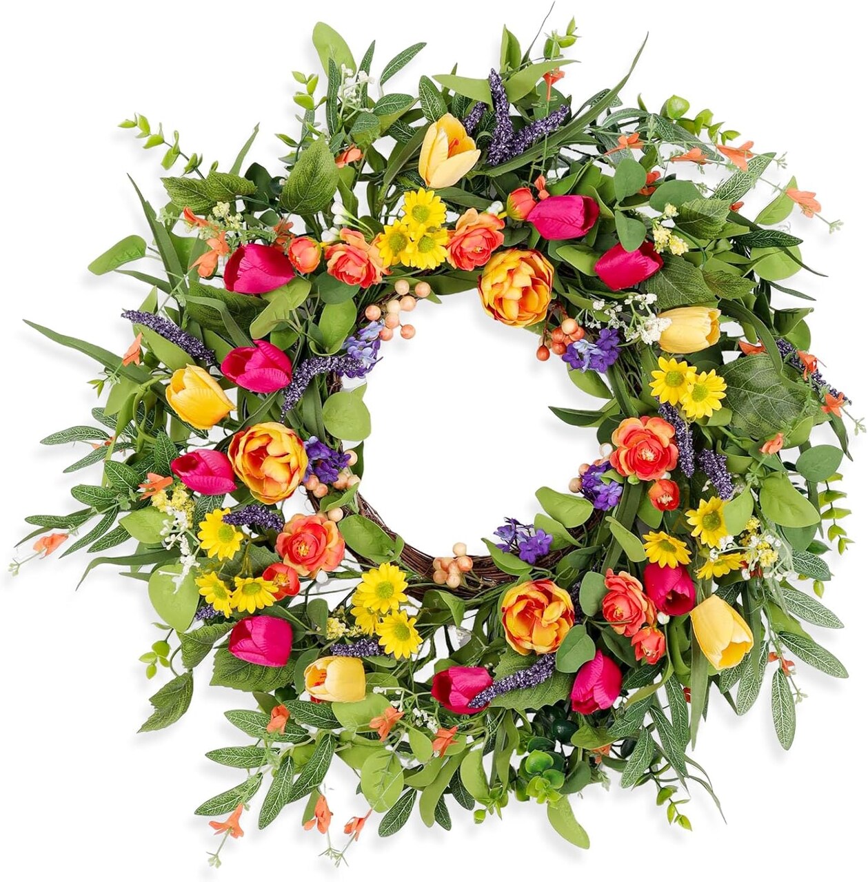 24 Inch Tulip Wreaths for Front Door,Summer Wreath for Wall Porch Window with Tulip and Eucalyptus, Indoor and Outdoor Artificial Floral Wreath Home Decor, Party Holiday Anniversary Decoration